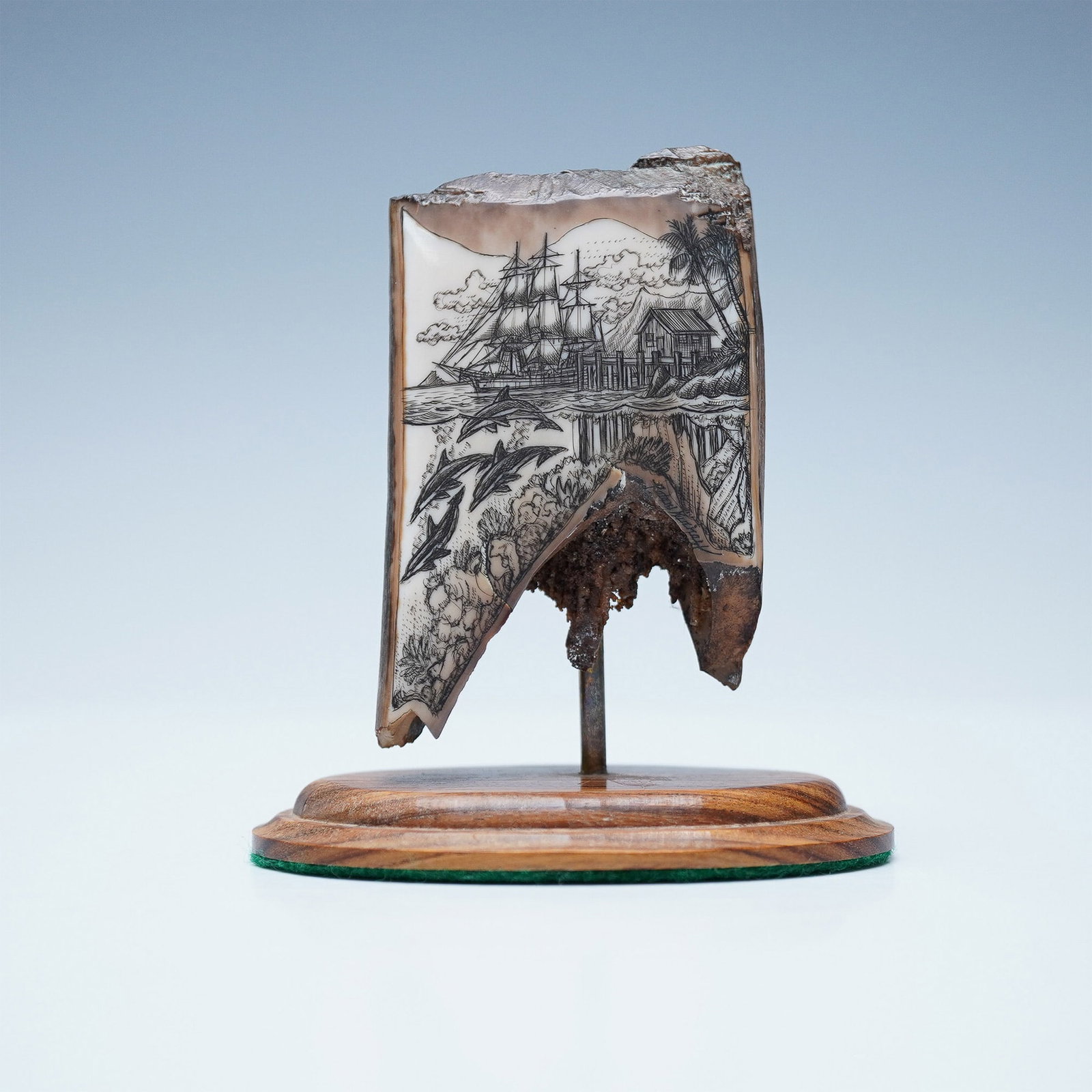 Peter Kinney, Fossilized Walrus Tusk Scrimshaw, Signed: Fossilized walrus tusk scrimshaw by Peter Kinney, titled Hanalei Landing. This intricately engraved piece depicts a maritime scene with a sailing ship, tropical landscape, and dolphins in motion. The 