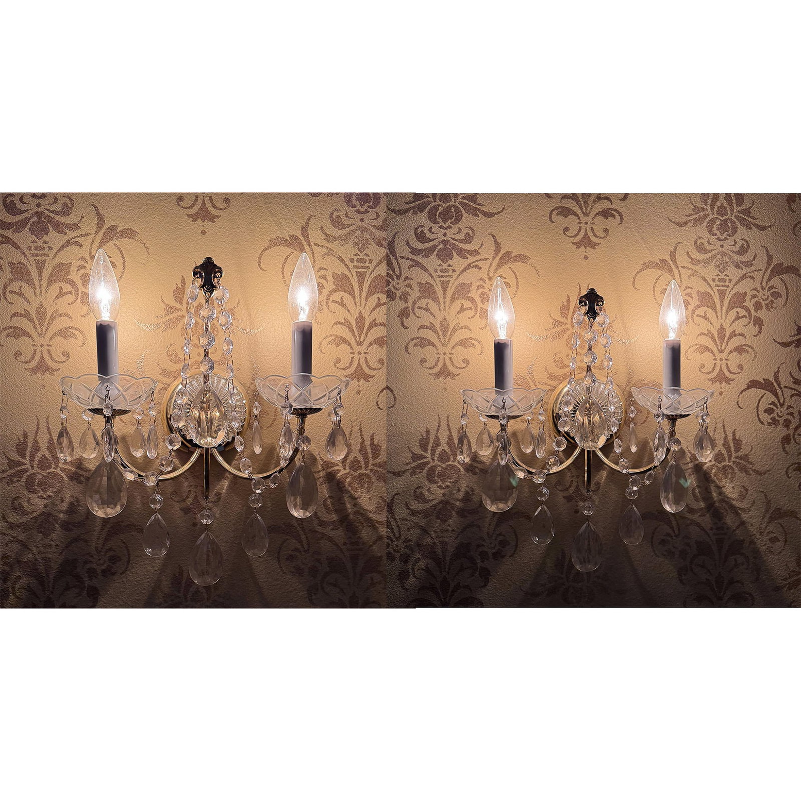 2pc Chambord Crystal Wall Sconce: Elegant Chambord crystal wall sconces featuring a two-light design with cut crystal bobeches, cascading crystal drops, and an ornate brass-finished frame. The dual candle-style lights provide a warm g