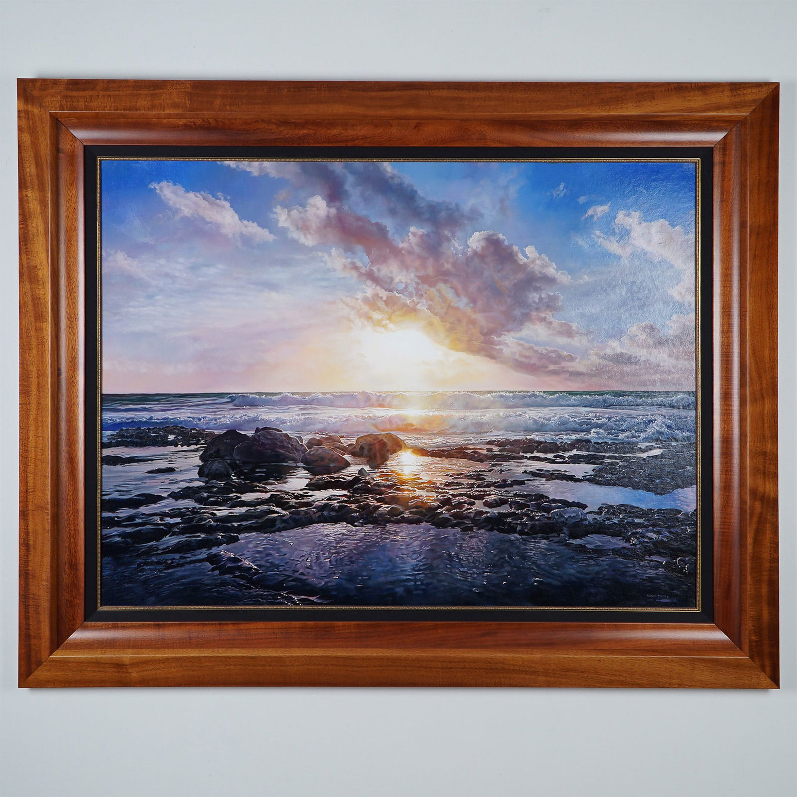 Richard Mravik, Oil on Panel, Glorious Sunset Setting Star Hawaii, Signed: Outstanding oil on board painting by Richard Mravik titled Glorious Sunset etting Star, depicting a dramatic celestial scene with rich hues and dynamic brushwork. Mravik's technique emphasizes luminou