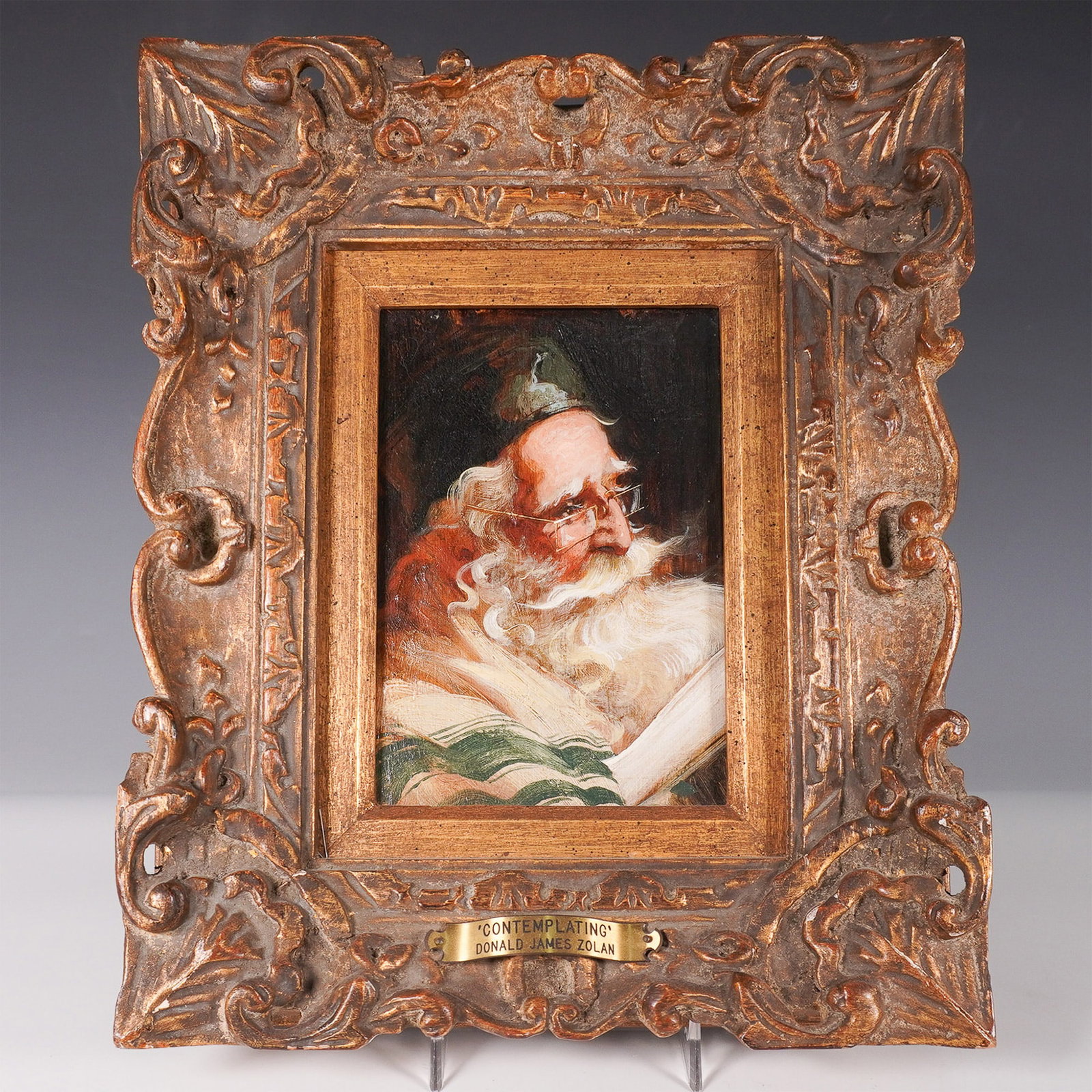 Donald James Zolan Oil Painting on Board, Contemplating, Ornate Gilt Frame: An original oil painting by Donald James Zolan titled Contemplating. Donald Zolan was a renowned American artist celebrated for his nostalgic and heartwarming depictions of childhood, seasonal themes,