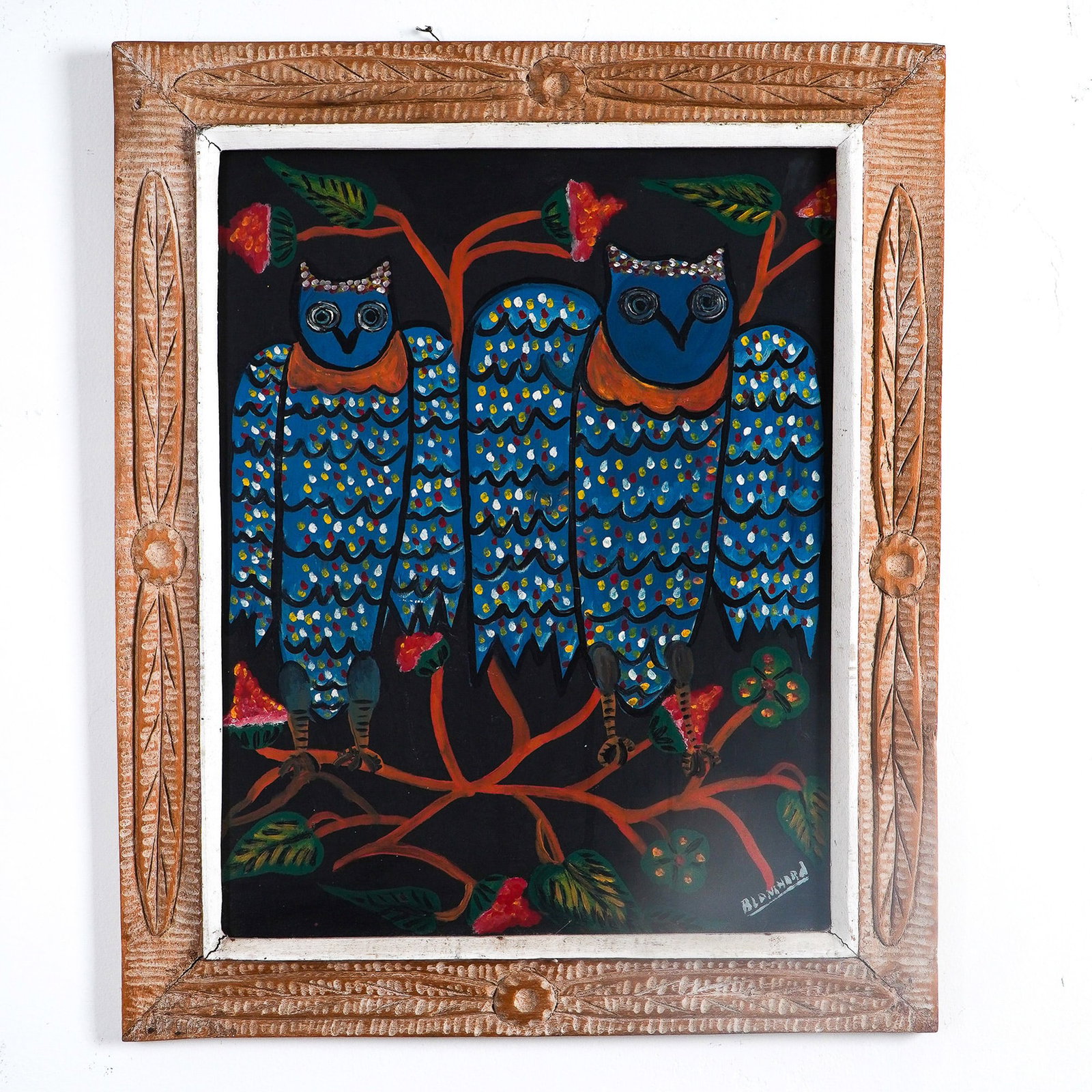 Sisson Blanchard, Folk Art Oil Painting on Board, Signed: This original Haitian folk art painting by renowned artist Sisson Blanchard showcases two striking blue owls perched on a tree, surrounded by intricate foliage and warm, earthy tones. Blanchard, known