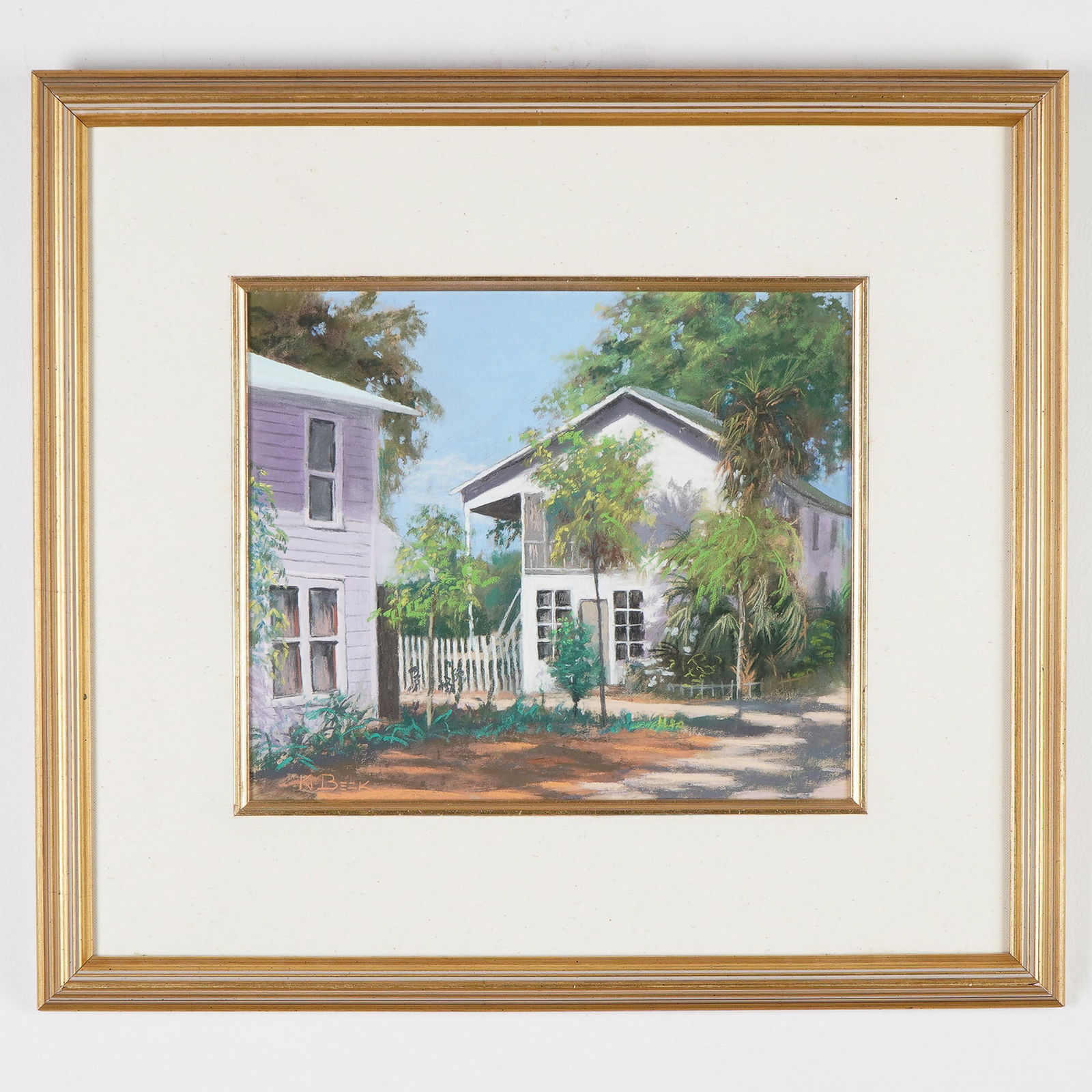 Kim Beck, Pastel on Paper, Village at St. Simons Island, GA, Signed : A finely executed pastel on paper by Kim Beck, titled Village at St. Simons Island, GA, and dated Spring 1997. This evocative scene captures the charm of the coastal Georgia town, depicting a sunlit r