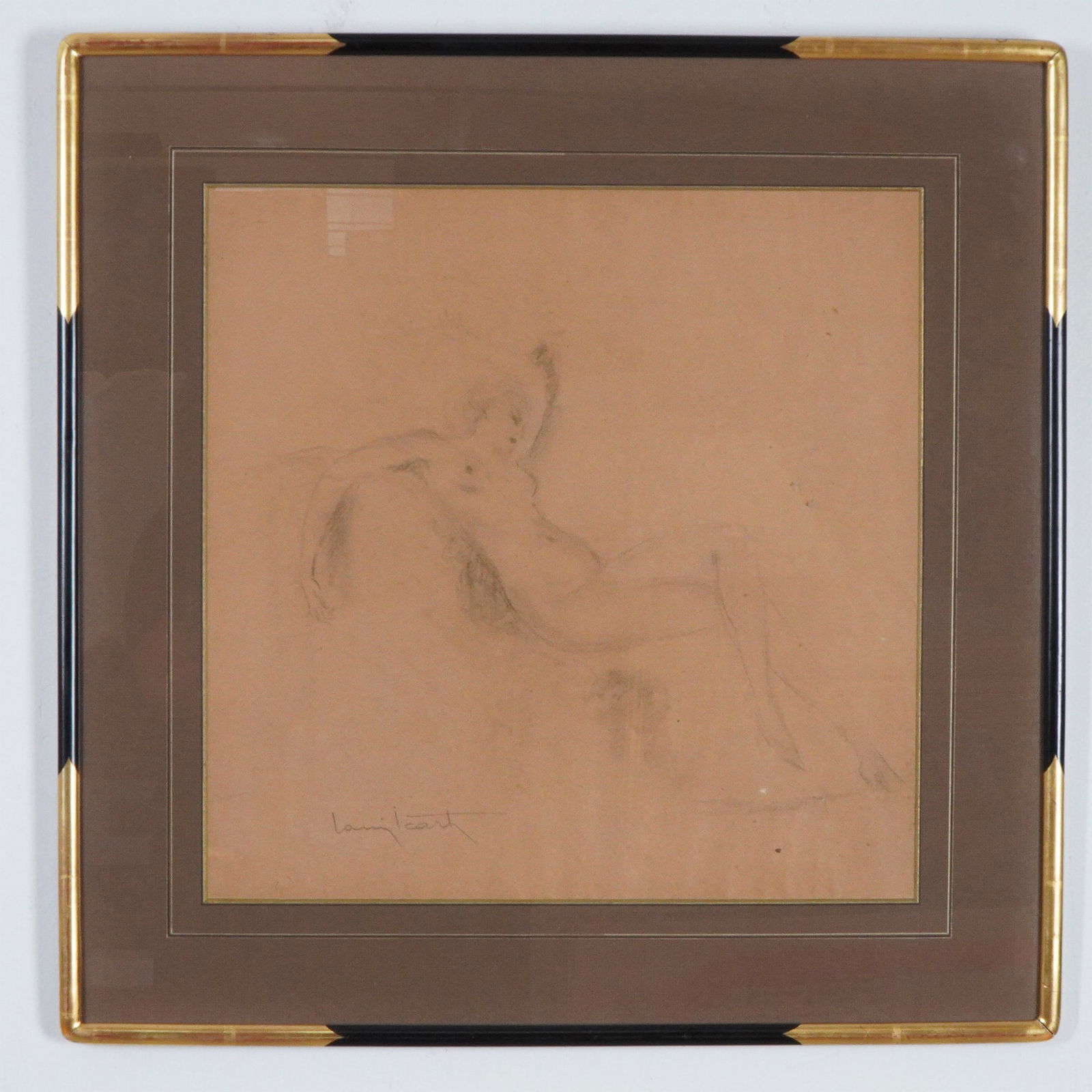 Louis Icart Charcoal Drawing, Signed: This delicate original charcoal drawing by Louis Icart (1888-1950) features a reclining nude in a soft, dreamlike composition, exemplifying Icart's mastery of feminine form and elegance. The piece is