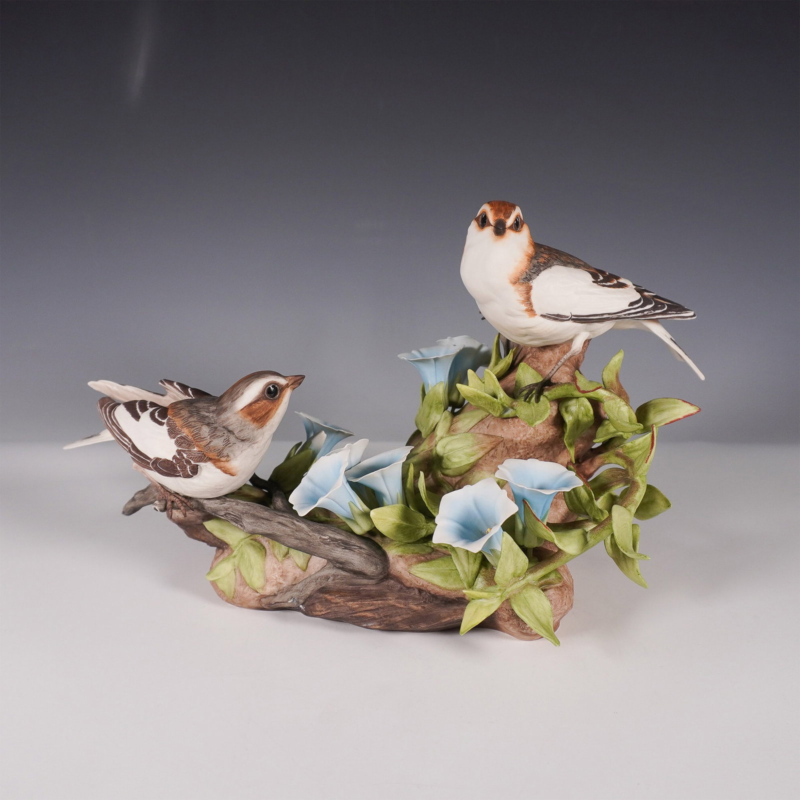 Boehm Porcelain Sculpture, Snow Buntings : Exquisite Boehm porcelain sculpture titled "Snow Buntings," model number 400-21. This limited edition piece, introduced in 1972 and closed in 1980 after 350 were produced, showcases two snow buntings 