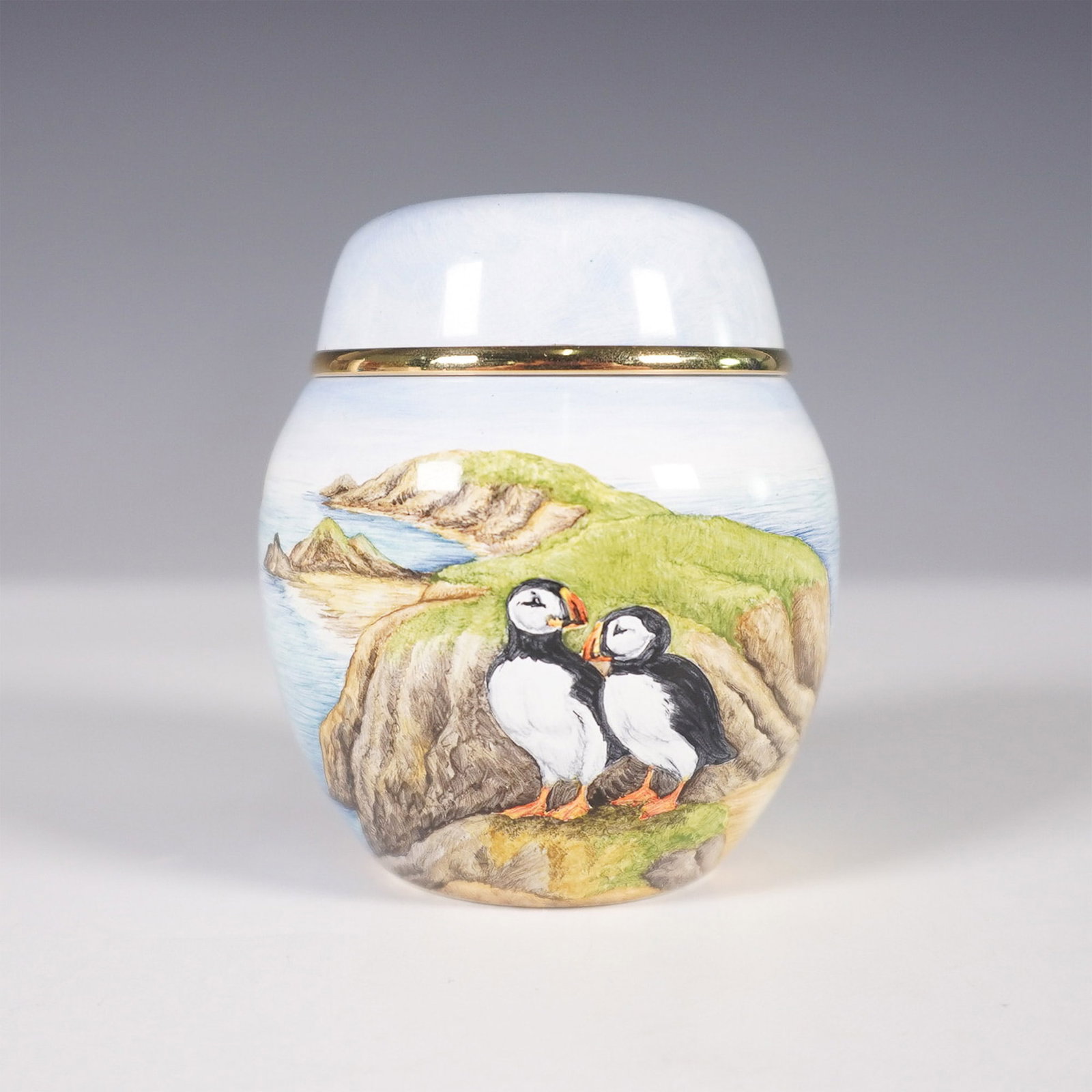 Elliot Hall Enamels Puffin Lidded Jar Limited Edition : A finely crafted Elliot Hall Enamels lidded jar featuring a beautifully hand-painted puffin motif set against a coastal backdrop. This exquisite piece is part of a limited edition series, numbered 16 