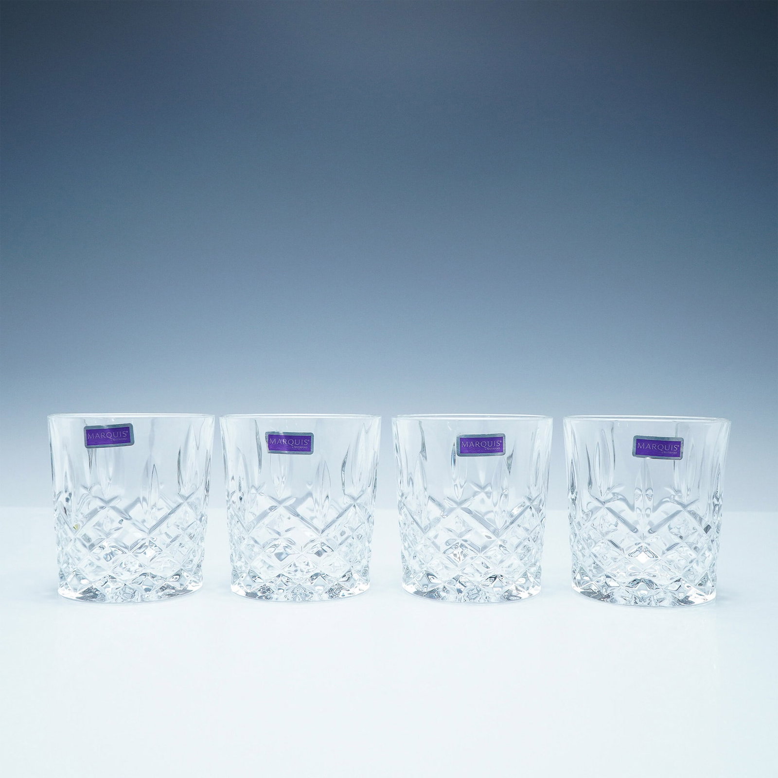 4pc Old Fashioned Glasses, Marquis by Waterford Markham: A set of four Marquis by Waterford Old Fashioned glasses in the Markham pattern, featuring a striking cross-cut design and brilliant clarity. Each glass stands 3.75"H, perfect for whiskey, cocktails, 