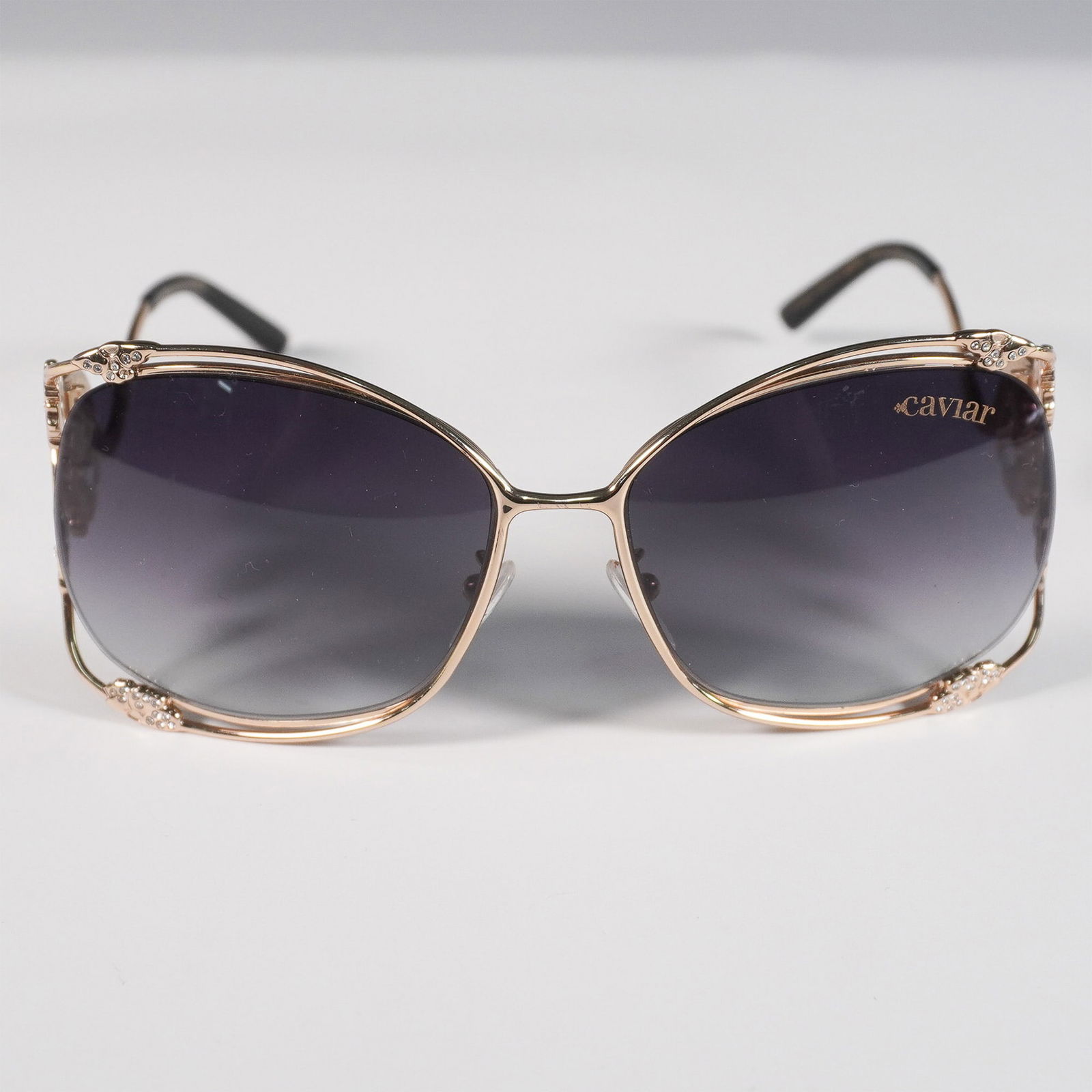 Limited Edition Caviar MOD. 6850 Sunglasses with Floral Crystal Embellishme: Limited edition Caviar MOD. 6850 sunglasses from the Champagne Series, made in Italy. Features a rose gold-toned frame with sculpted temples, black arms, and oversized gradient lenses. Decorated with