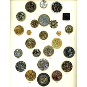 A full card of assorted metal pictorial buttons