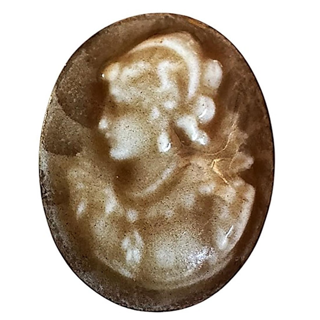 A division one French porcelain pictorial button: 1 Medium size oval 19th century "Pate Sur Pate" button. This example has been always considered to be in this technique of Pate Sur Pate but recently the classification committe of the NBS has decided