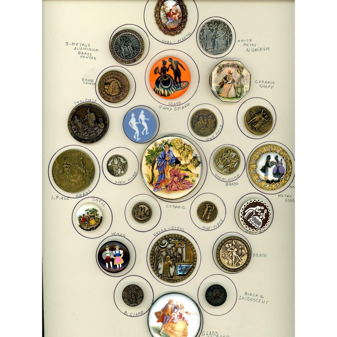 A card of division 1 & 3 assorted couple buttons: 25 S/M/L 19th-20th century assorted material examples. Here is a nice variety card of assorted materials depicting a variety of couples including dancing couples, Materials include ceramics, ceramics 
