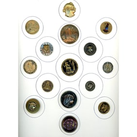 A card of division one Egyptian themed buttons