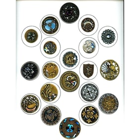 A full card of division one metal and steel buttons
