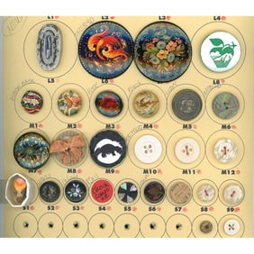 A small card of division 1 & 3 assorted material buttons