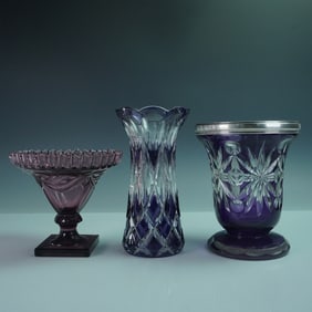 3pc Amethyst and Cut Glass Vases & Footed Dish