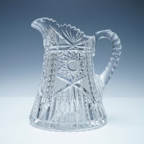 American Brilliant Cut Glass Water Pitcher With Geometric Starburst Design