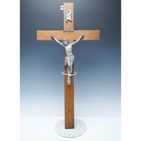 Large Wood Crucifix with Painted Metal Christ
