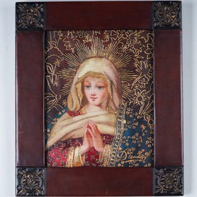 Virgen de Belen by Mendoza, Hand-Painted Leather Religious Icon