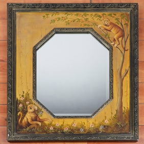 Original Hand-Painted Chinoiserie Mirror, Monkeys & Floral Motifs