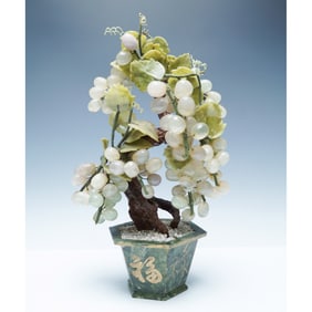 Carved Jade and Quartz Grapevine Bonsai Tree