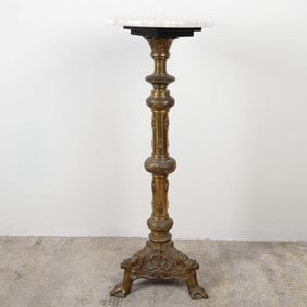 Antique Brass and Marble Pedestal Stand with Ornate Detailing