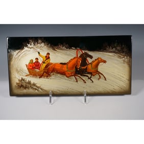 After Palemova Russian Fedoskino Lacquer Plaque, Three Horses