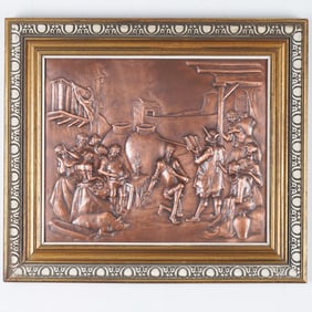 Spanish Don Quixote and Sancho Panza Copper Relief Wall Plaque, Framed