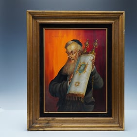 Abraham Straski, Judaica Oil on Canvas, Rabbi Carrying Torah Scroll, Signed