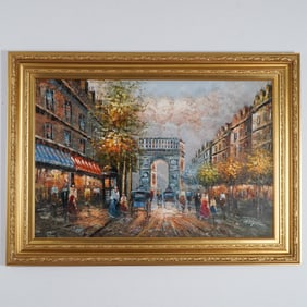 Large Original Oil on Canvas, Parisian Street Scene, Signed