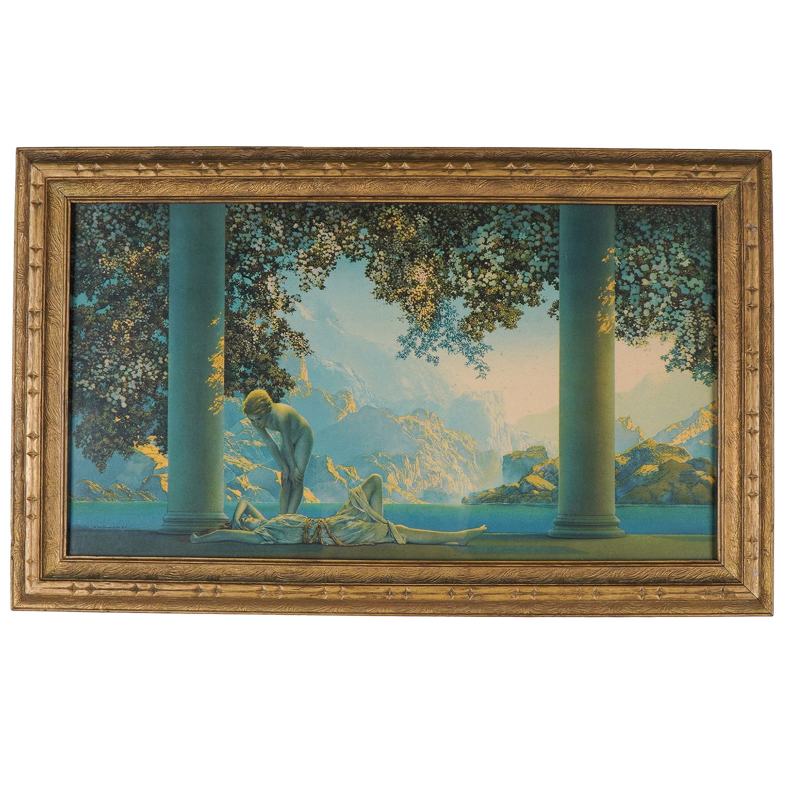 Maxfield Parrish (Aft.) Art Nouveau Chromolithograph on Paper, Daybreak: Chromolithograph on paper after Maxfield Parrish's 1922 original painting Daybreak. Produced by the House of Art, NY, Daybreak remains one of the most celebrated American art lithographs of the 20th c