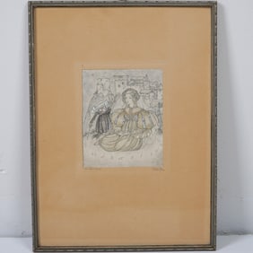 Framed Illustration on Paper, Medieval Scene, Mixed Media, Signed