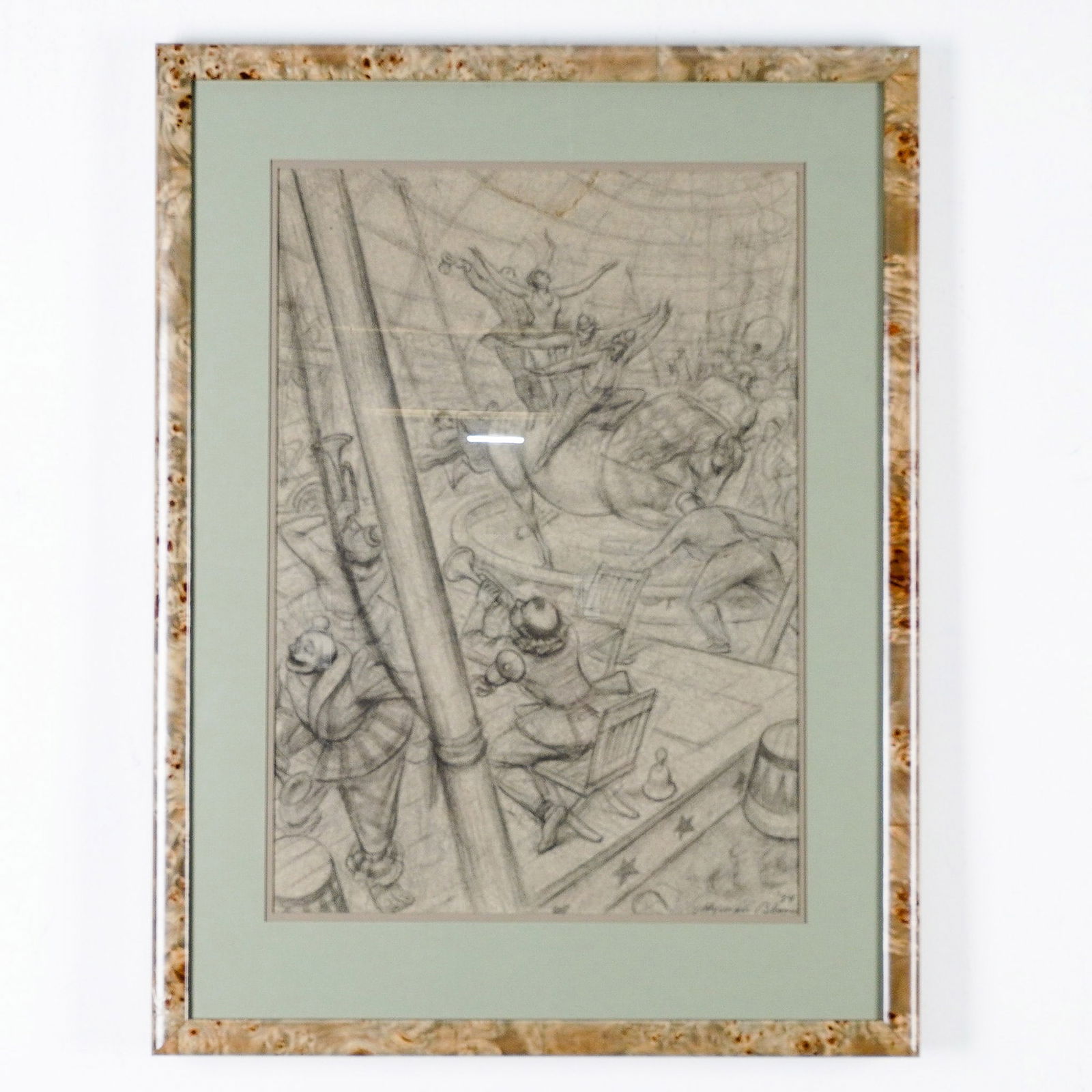 Hyman Bloom, Original Drawing, Circus Scene, Pencil on Paper, Signed: An intricate and highly detailed graphite drawing depicting a lively circus scene by Hyman Bloom, a celebrated American artist known for his expressive and often dramatic works, influenced by European