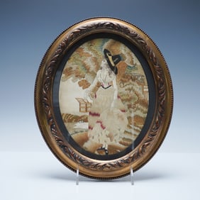 Framed Embroidery of a Woman Bird Watching