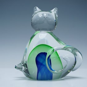 Art Glass Cat Figurine With Green and Blue Swirls
