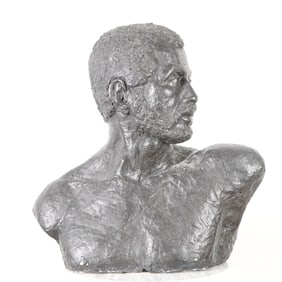 Original Painted Plaster Bust, Portrait Bust of a Nude Bearded Man, Signed