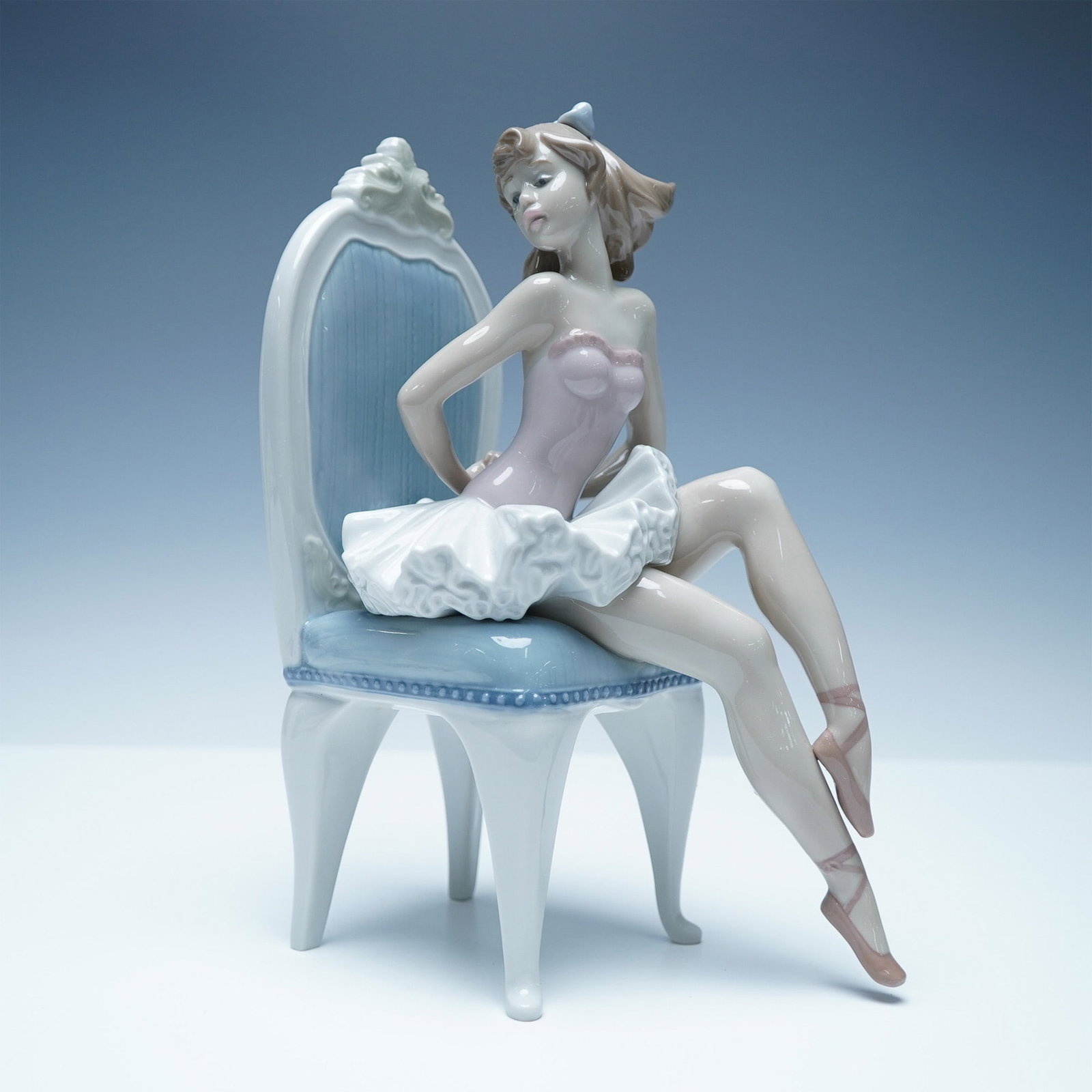 Lladro Dressing for the Ballet Figurine 01005865: Elegant Lladro porcelain figurine titled Dressing for the Ballet (model number 01005865). This beautifully sculpted piece features a ballerina seated on an ornate blue and white chair, gracefully adju