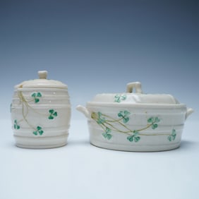 2pc Belleek Shamrock Barrel Honey Pot and Lidded Tureen