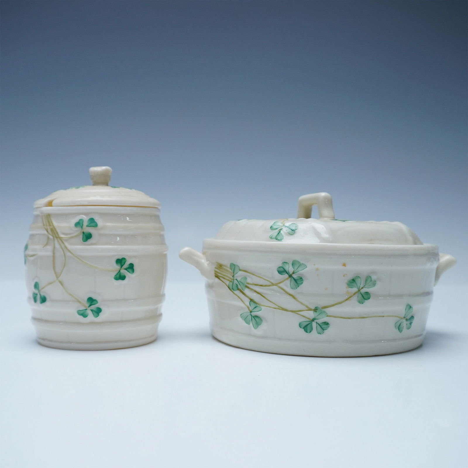 2pc Belleek Shamrock Barrel Honey Pot and Lidded Tureen (1 of 4)