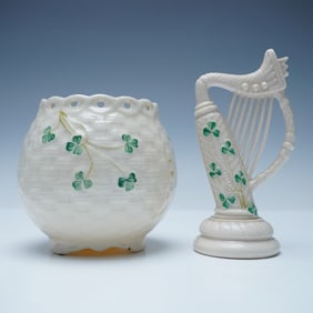 2pc Belleek Shamrock Basketweave Vase and Irish Harp Figurine