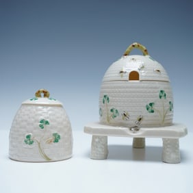 2pc Belleek Shamrock Beehive Honey Pots