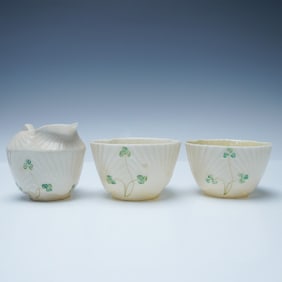 3pc Belleek Porcelain Shamrock Creamer and Bowls Set