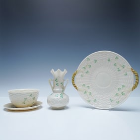 4pc Belleek Shamrock Basketweave Assorted Pieces