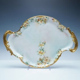 Floral Porcelain Tray with Gold Accents and Ornate Handles