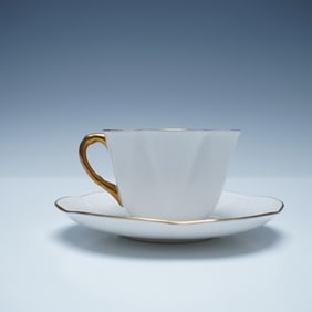 Shelley Bone China White & Gold Gilded Scalloped Tea Cup and Saucer