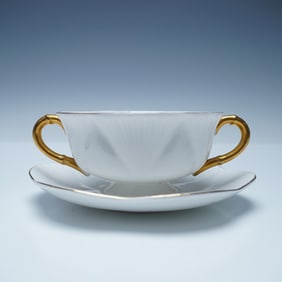 Shelley Bone China White & Gold Gilded Soup Cup and Saucer