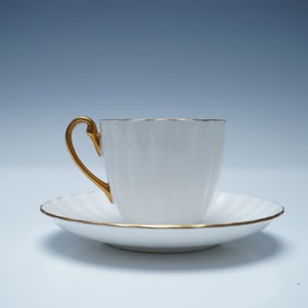 2pc Shelley Bone China White & Gold Gilded Demitasse Cup and Saucer