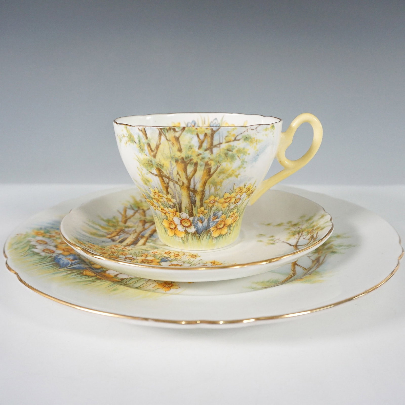 3pc Shelley England Daffodil Time Trio ? Cup, Saucer, and Plate: Shelley England Daffodil Time trio set, featuring a teacup, saucer, and plate adorned with a charming hand-painted springtime landscape. This design showcases golden daffodils in full bloom against a 