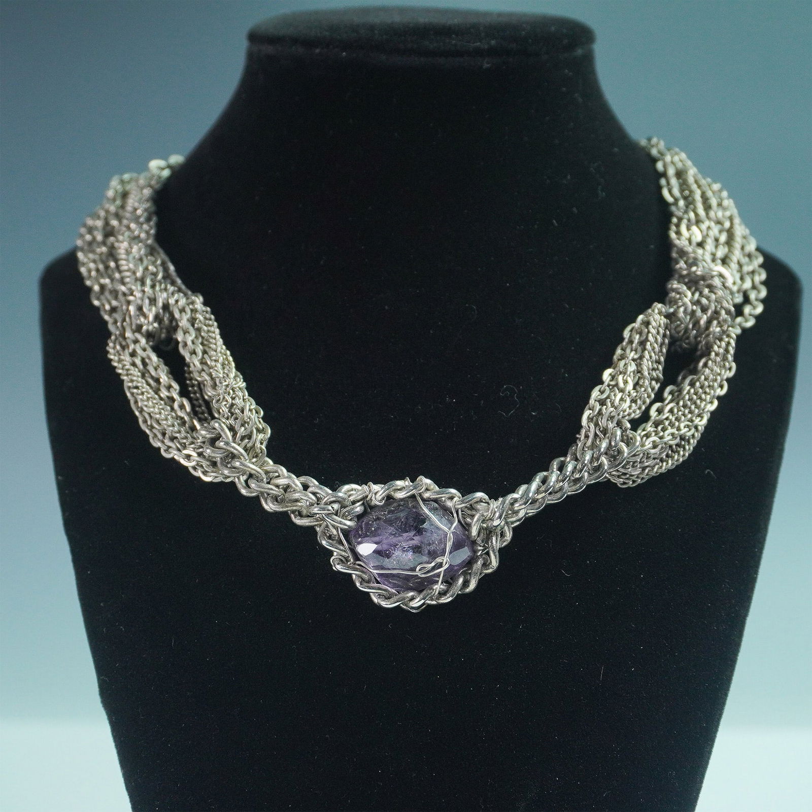Connie Bates Silver Tone Necklace w/ Caged Faux Amethyst Pendant (1 of 4)