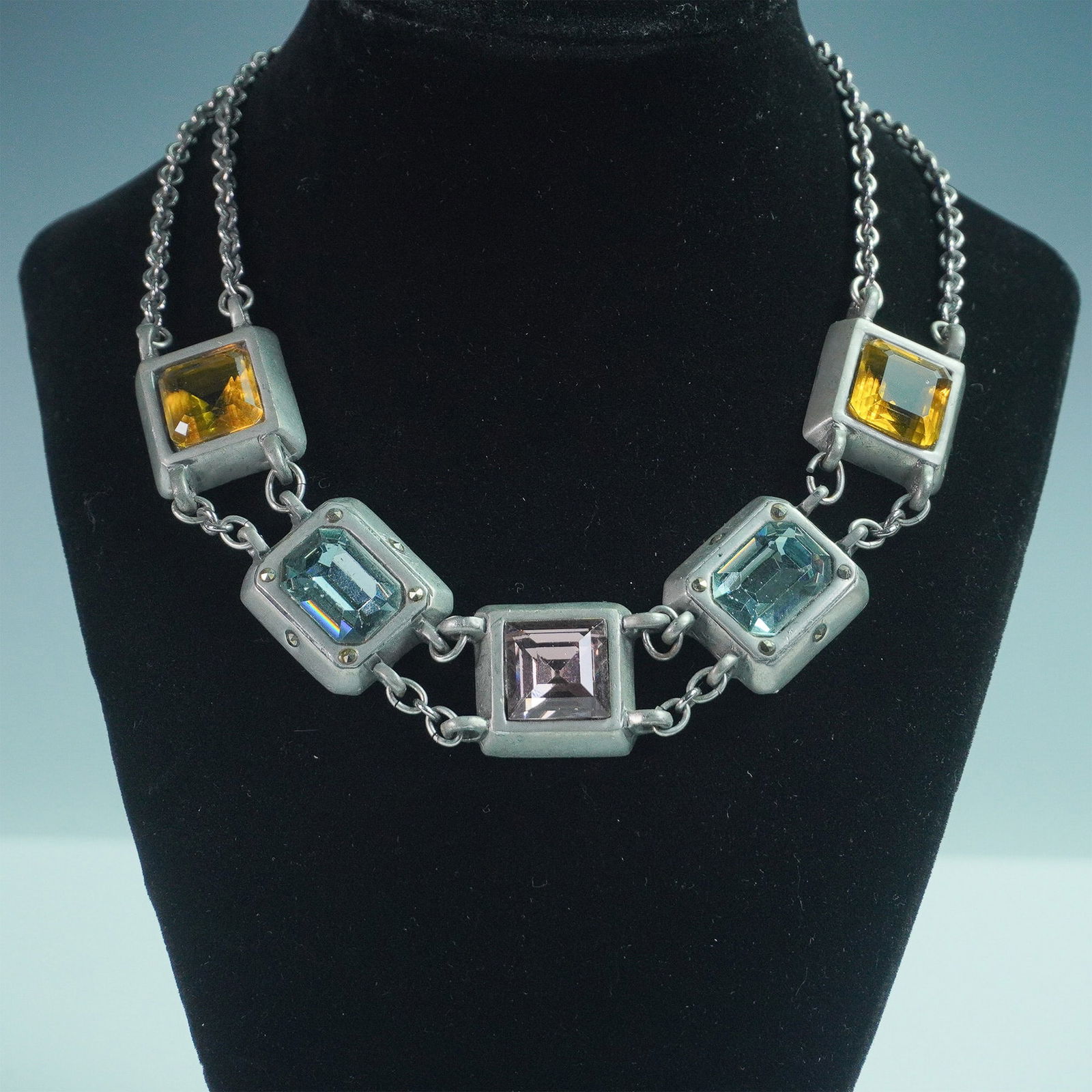 Connie Bates Industrial-Style Metal Necklace w/Multi-Colored Glass Stones (1 of 5)