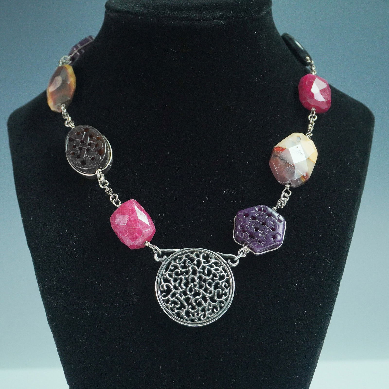 Connie Bates Mixed Stone and Filigree Pendant Statement Necklace (1 of 5)