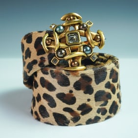 Connie Bates Women's Faux Leopard Print Belt with Ornate Rhinestone Buckle